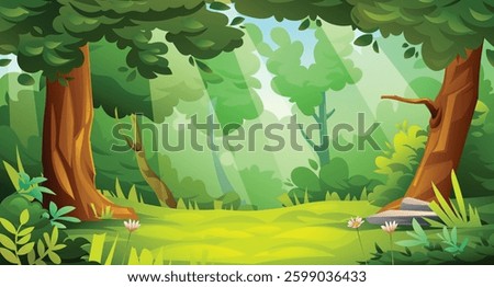 Beautiful forest landscape with trees and vegetation. Vector cartoon illustration