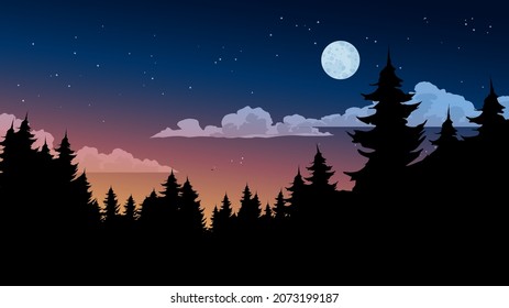 Beautiful forest night horizon. Pine tree silhouette and moonlight