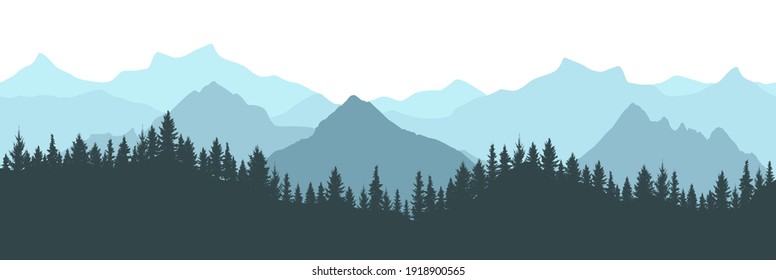 Beautiful Forest On Background Of Mountains, Blue Color. Silhouette Of Fir Trees. Vector Illustration.