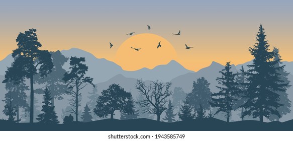 Beautiful forest on background of mountains and sunset and flying birds, silhouettes. Vector illustration