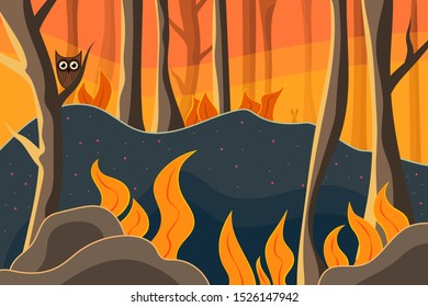 Beautiful forest with owl and rabbit. Nature at sunset.  Outdoor vector illustration design. Beautiful landscape. 