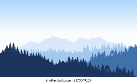 Beautiful forest panoramic. Realistic isolated vector background. Landscape blue trees pine in mist design. Mystery fog in park concept. Nature beauty. Tourism web banner.