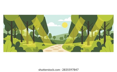 Beautiful forest path is illuminated by sunbeams shining through the green leaves of tall trees in a lush wooded area.