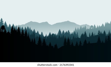 Beautiful forest. Realistic isolated vector. Landscape green trees in mist design. Mystery fog concept. Natural beauty. Forest trees.