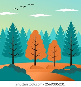 beautiful forest scenery at morning, flat design, vector illustration, beautiful background.