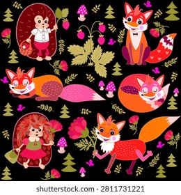 Beautiful forest set with foxes and hedgehogs. Cute woodland animals, flowers, mushrooms, bush of strawberry, trees on black backgrouund.