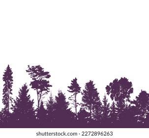Beautiful forest, silhouette of firs, pines and different deciduous trees. Landscape. Vector illustration.
