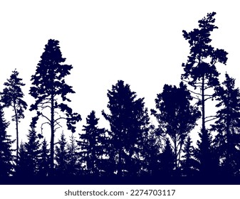 Beautiful forest, silhouette of firs, pines and different deciduous trees. Vector illustration.