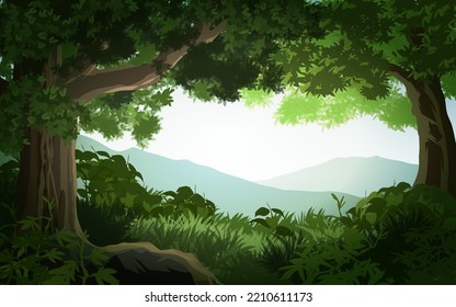 Beautiful forest sunrise landscape with mountains. Vector nature landscape