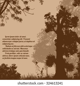 Beautiful forest trees silhouette on retro style with space for your text, vector illustration