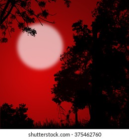 Beautiful forest trees silhouette on red sunset, vector illustration