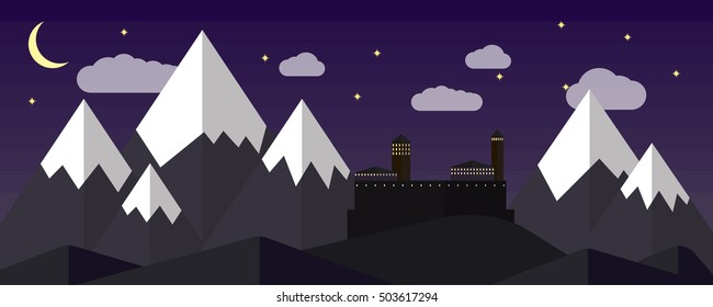 Beautiful fortress at night, mountains, forest, nature. Vector flat castle, fairytale landscape. Mountains at night, magic dark castle. Flat vector fortress illustration, nature landscape.