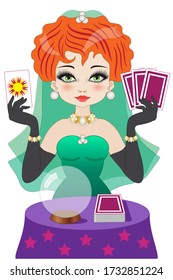 Beautiful fortune teller with red hair and green dress