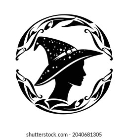 beautiful fortune teller wearing witch hat with stars - profile sorceress head black and white vector silhouette portrait in round frame
