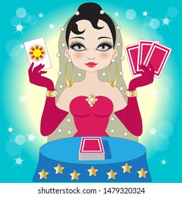 A beautiful fortune-teller dressed in red with black hair reads tarot cards of the future