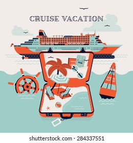 Beautiful Four Colored Cruise Vacation Printable Poster Or Web Banner Template With Cruise Transatlantic Liner Boat And Open Suitcase With Palm Tree, Beach Chairs, Boarding Pass And Passport