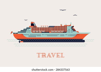 Beautiful four colored 'Travel' printable poster or web banner template with cruise transatlantic liner ship and seagulls 