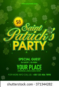 Beautiful four leaves clovers decorated green pamphlet, banner or flyer design for St. Patrick's Day Party celebration.