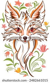 Beautiful fox and leaves and flowers