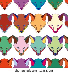 Beautiful fox stylized multiclolor head seamless pattern on white
