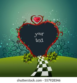 Beautiful Frame Alice In Wonderland Stile. Garden Heart Gate And Text. Vector Illustration.