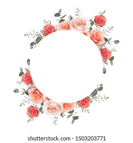 Beautiful frame background with floral orange roses and eucalyptus leaf