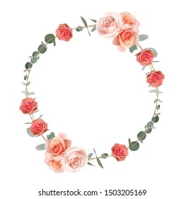Beautiful frame background with floral orange roses and eucalyptus leaf