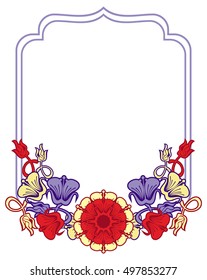 Beautiful frame with blue and red flowers. Design element for advertisements, flyer, web, wedding, invitations and greeting cards. Vector clip art.