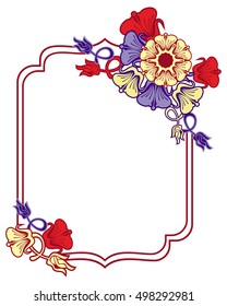 Beautiful frame with blue and red flowers. Design element for advertisements, flyer, web, wedding, invitations and greeting cards. Vector clip art.
