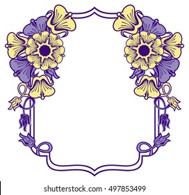 Beautiful frame with blue and yellow  flowers. Design element for advertisements, flyer, web, wedding, invitations and greeting cards. Vector clip art.
