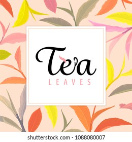 Beautiful frame with branch of colorful tea leaves on yellow background template. Vector set of element for advertising, packaging design of tea products.