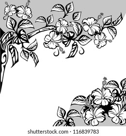 Beautiful frame with branches and flowers of hibiscus. Black-and-white drawing.