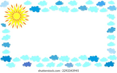 schöner Rahmen mit heller Sonne und Wolken auf weißem Hintergrund