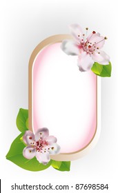 Beautiful frame with cherry blossoms design and green leaves