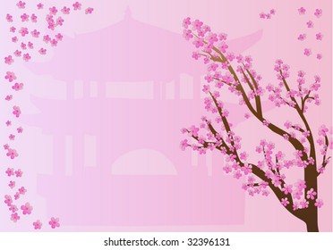 Beautiful frame with chinese motives with pagoda and sakura in blossom