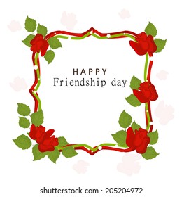Beautiful frame decorated with red roses on abstract background for Happy Friendship Day celebrations. 