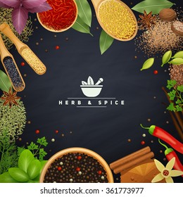 Beautiful frame with edges of cooking herbs and placers spices in wooden dishes and without realistic vector illustration