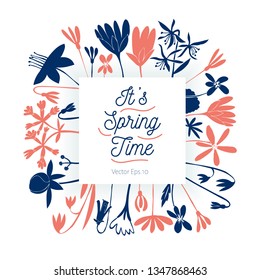 Beautiful frame with fantasy flowers in scandinavian style. Folk design template. Vector traditional floral bouquet. Great for fashion, cards, invitations. Hand drawn cute illustrations