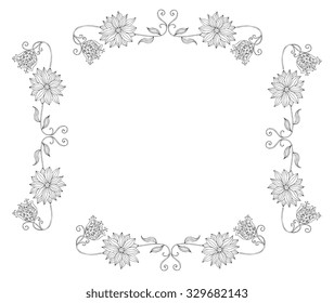 Beautiful frame with flowers. Black and white vector illustration.