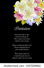 beautiful frame of flowers on a black background. For your design of postcards, greeting cards, invitations and more. Vector illustration.