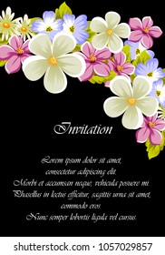 beautiful frame of flowers on a black background. For your design of postcards, greeting cards, invitations and more. Vector illustration.