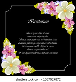 beautiful frame of flowers on a black background. For your design of postcards, greeting cards, invitations and more. Vector illustration.