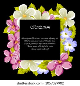 beautiful frame of flowers on a black background. For your design of postcards, greeting cards, invitations and more. Vector illustration.