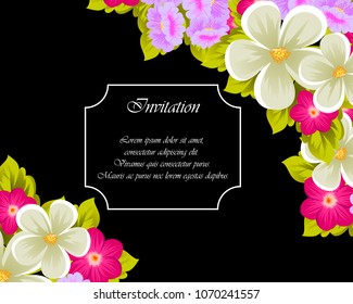 Beautiful frame of flowers on black background. For your design of postcards, invitations, greeting cards for wedding, birthday, party, Valentine's day. Vector illustration.