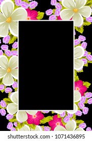 Beautiful frame of flowers on black background. For your design of postcards, invitations, greeting cards for wedding, birthday, party, Valentine's day. Vector illustration.