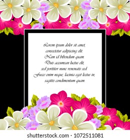 Beautiful frame of flowers on black background. For your design of postcards, invitations, greeting cards for wedding, birthday, party, Valentine's day. Vector illustration.