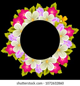 Beautiful frame of flowers on black background. For your design of postcards, invitations, greeting cards for wedding, birthday, party, Valentine's day. Vector illustration.