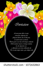 Beautiful frame of flowers on black background. For your design of postcards, invitations, greeting cards for wedding, birthday, party, Valentine's day. Vector illustration.