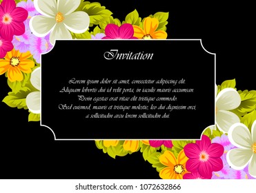 Beautiful frame of flowers on black background. For your design of postcards, invitations, greeting cards for wedding, birthday, party, Valentine's day. Vector illustration.
