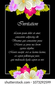 Beautiful frame of flowers on black background. For your design of postcards, invitations, greeting cards for wedding, birthday, party, Valentine's day. Vector illustration.